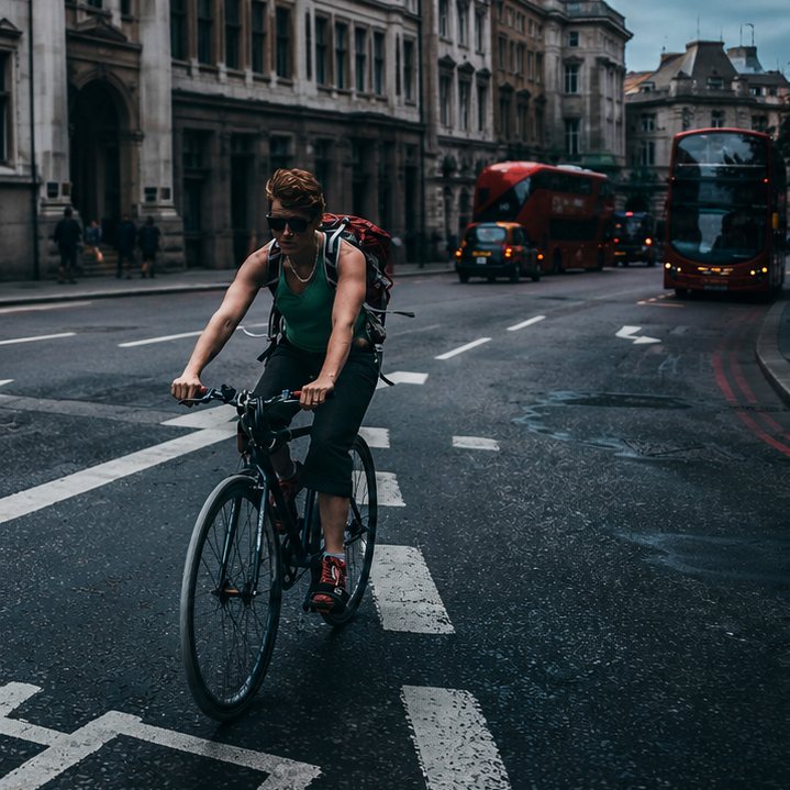 A bicyclist sharing a city street with motor vehicle traffic