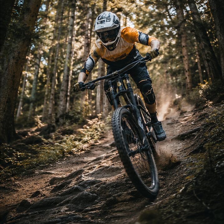 A mountain biker descending a forest trail