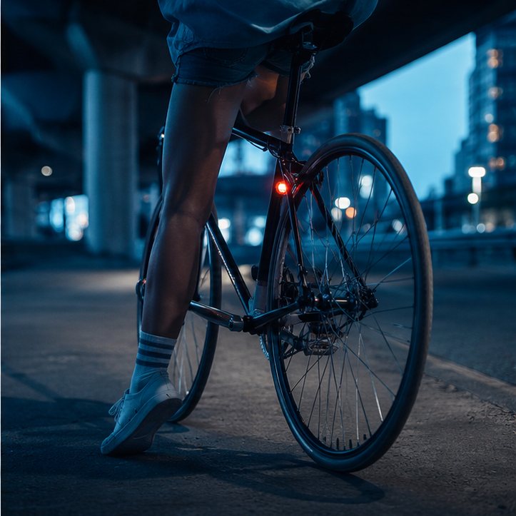A bicycle's rear-facing red light at night