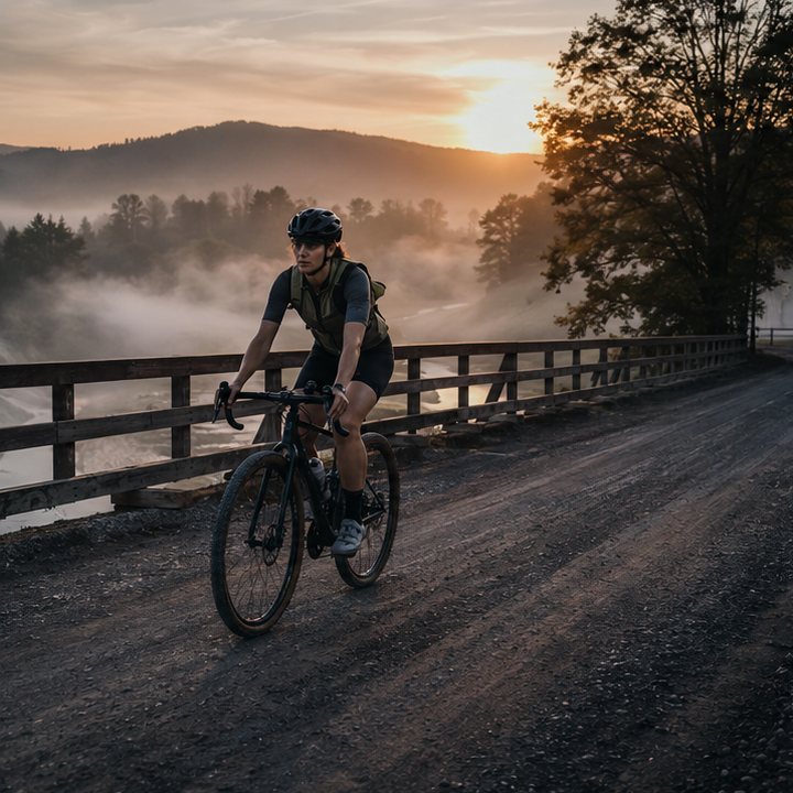 A cyclist crossing a rural bridge at sunrise