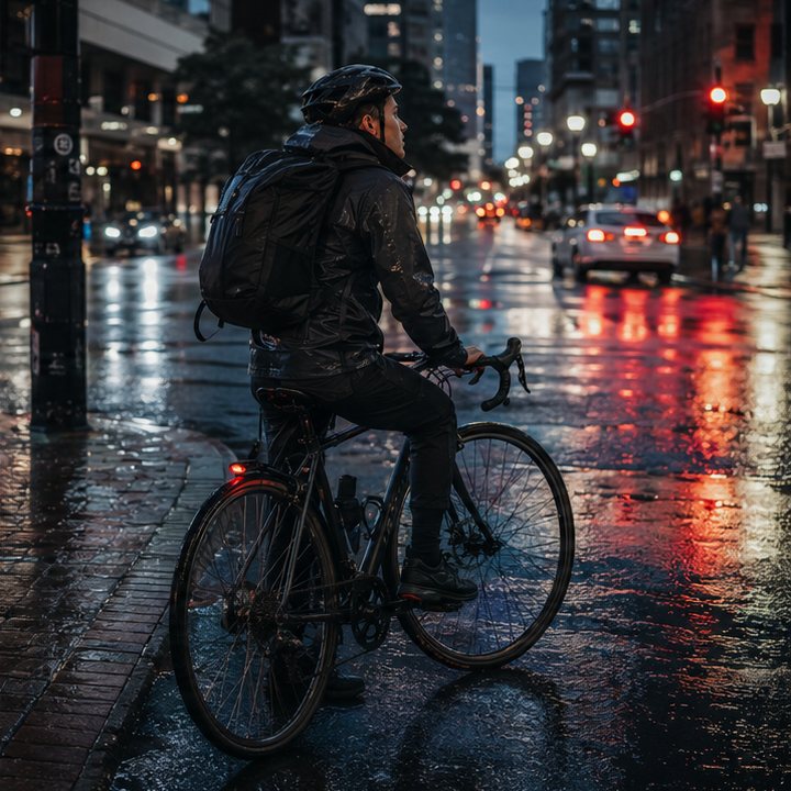 A cyclist waiting at a rainy city intersection at night