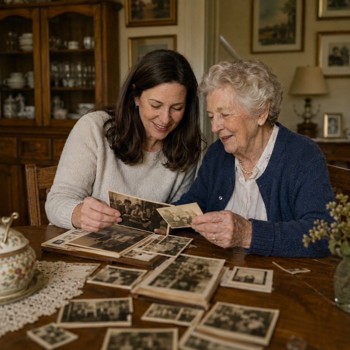 A daughter helping her mother review paperwork, the kind of conversation that often precedes a Medicare enrollment decision