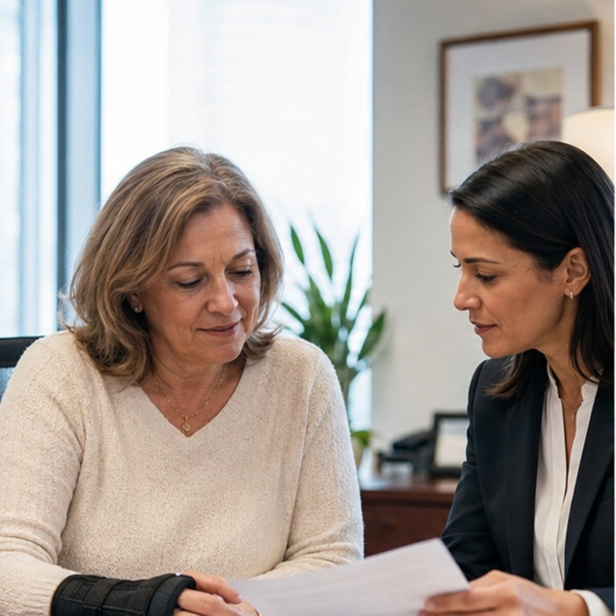 An injured client meeting with an attorney