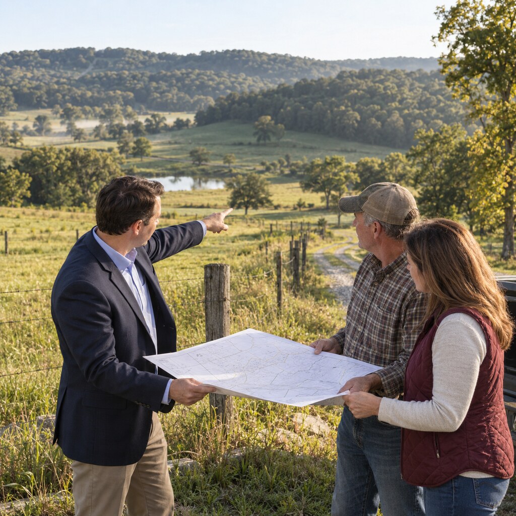 An attorney reviewing a survey with landowners on a south-central Missouri farm